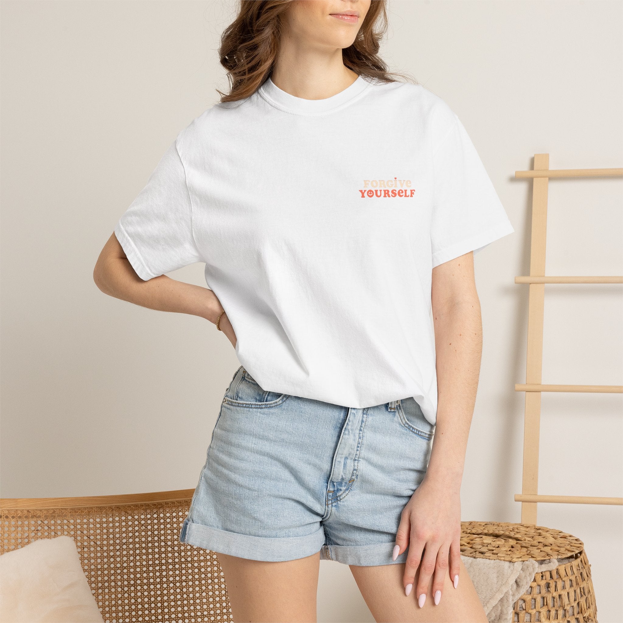 Retro Floral Graphic Tee — "Forgive Yourself" Chest Script