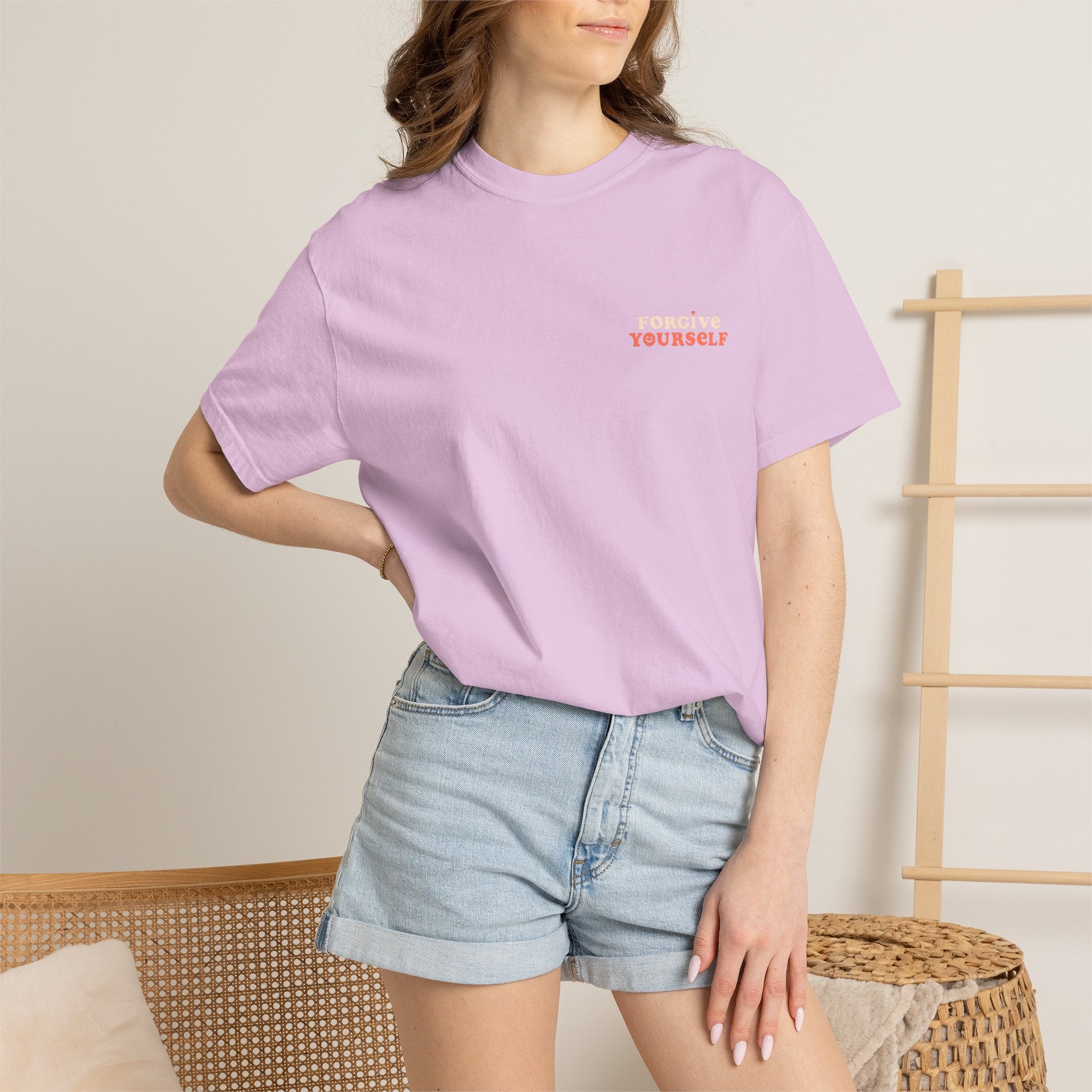 Retro Floral Graphic Tee — "Forgive Yourself" Chest Script