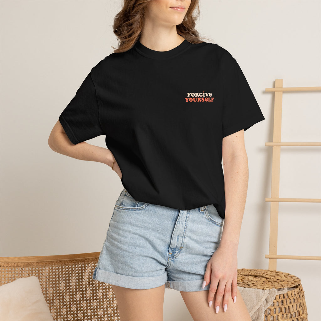 Retro Floral Graphic Tee — "Forgive Yourself" Chest Script