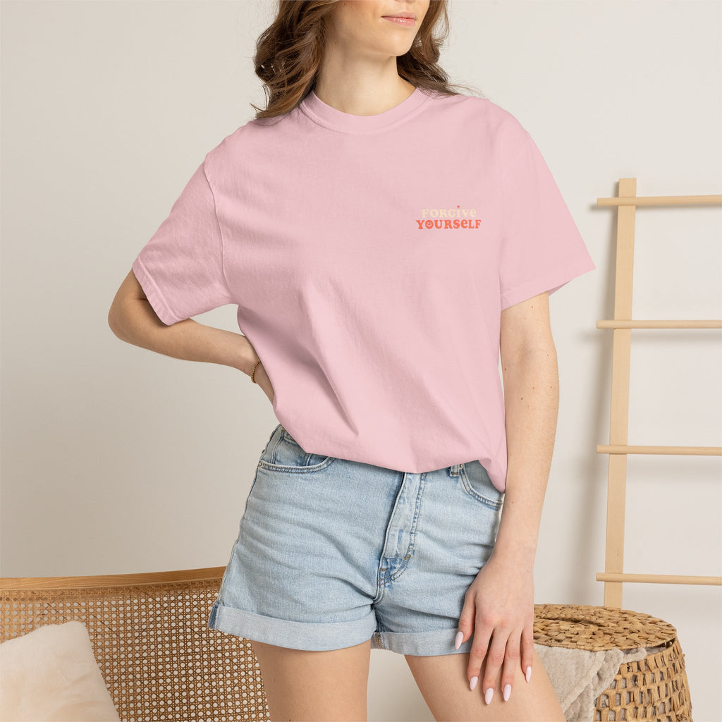 Retro Floral Graphic Tee — "Forgive Yourself" Chest Script